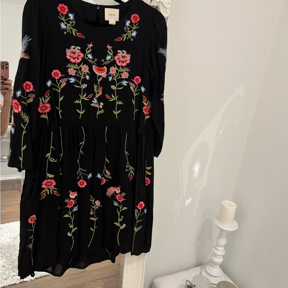 Maeve Black Dress with Floral Embroidery in size S